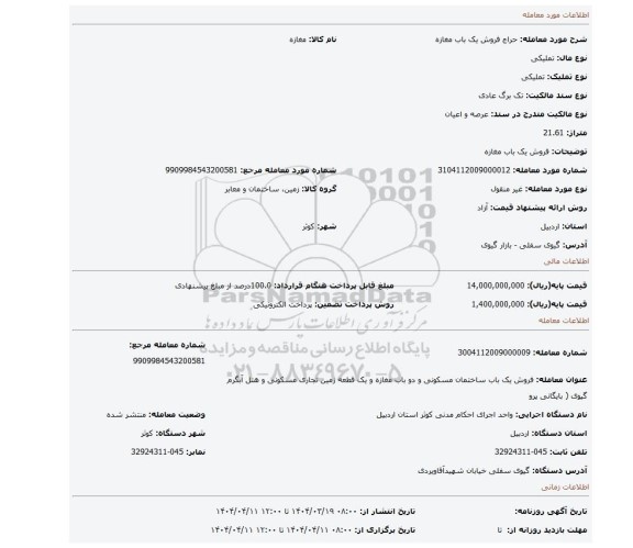 مزایده، فروش یک باب مغازه