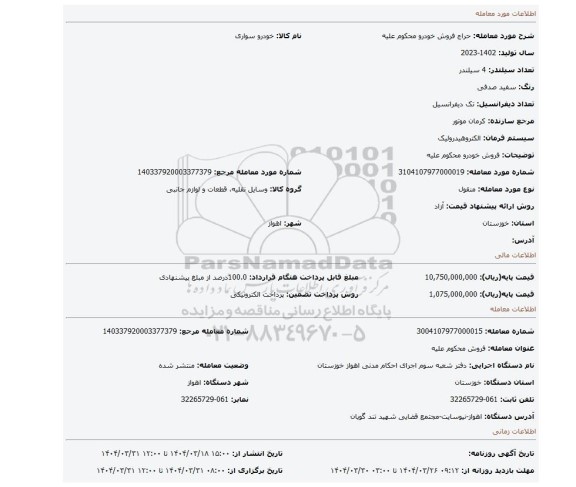 مزایده، فروش خودرو محکوم علیه