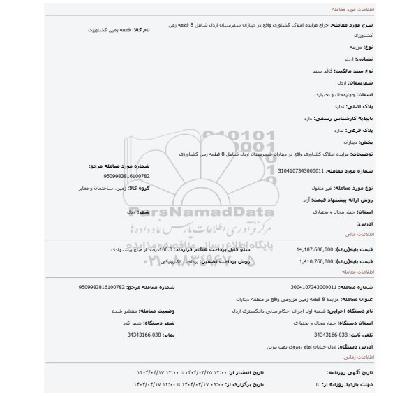 مزایده، مزایده املاک کشاوری واقع در دیناران شهرستان اردل شامل 8 قطعه زمن کشاورزی
