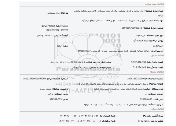 مزایده، مزایده و فروش مشاعی یک باب منزل مسکونی فاقد سند مالکیت واقع در ابرکوه