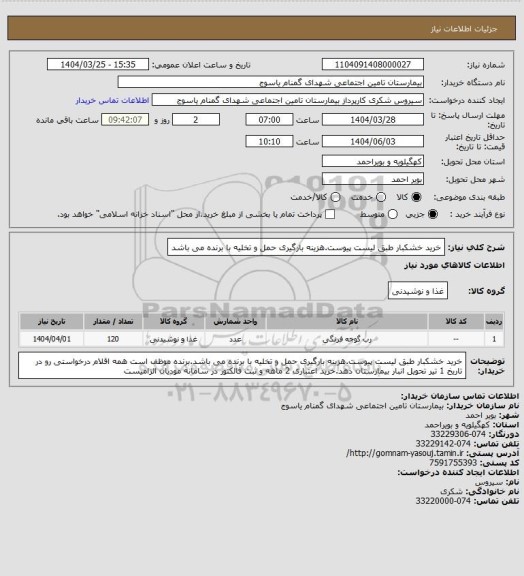 استعلام خرید خشکبار طبق لیست پیوست.هزینه بارگیری حمل و تخلیه با برنده می باشد
