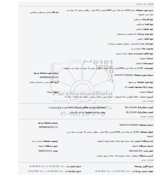 مزایده، 9.054 حبه پلاک ثبتی 8469 فرعی از 28 اصلی ، واقع در بخش 14 حوزه ثبت ملک  غرب اصفهان