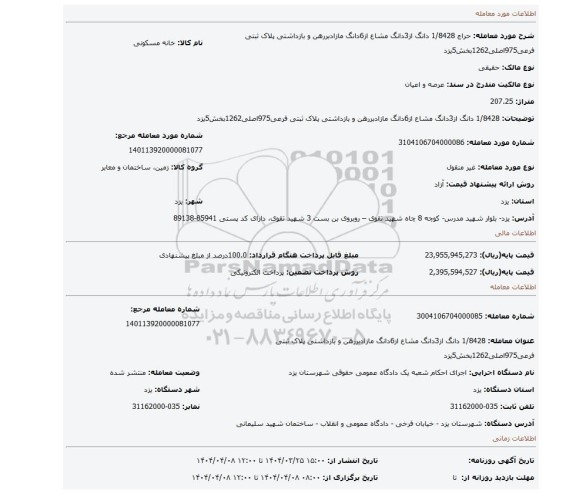 مزایده، 1/8428 دانگ از3دانگ مشاع از6دانگ مازادبررهن و بازداشتی پلاک ثبتی فرعی975اصلی1262بخش5یزد
