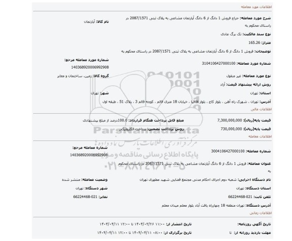 مزایده، فروش 1 دانگ از 6 دانگ آپارتمان مشاعی به پلاک ثبتی 2087/1571 در راستای محکوم به