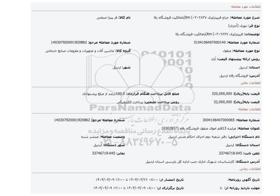 مزایده، فرپیتزاپزی itm (۰۳۰۲۸۳۷)بامالکیت فروشگاه رفا