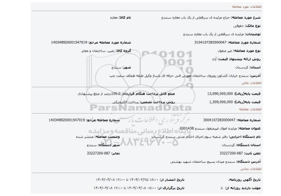 مزایده، مزایده ی سرقفلی از یک باب مغازه سنندج