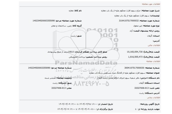مزایده، سهم الارث محکوم علیه از یک باب مغازه