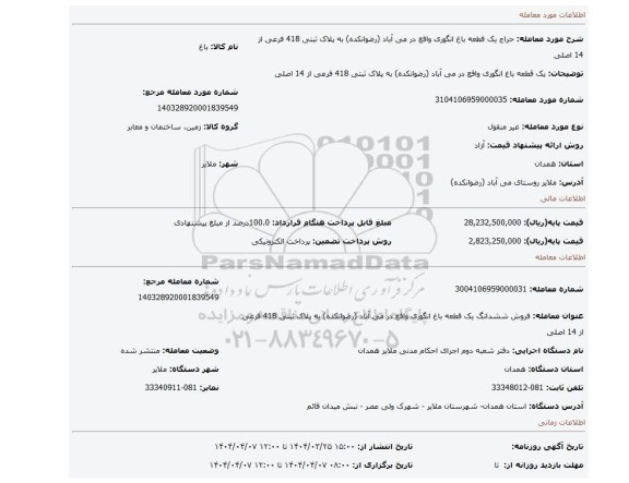 مزایده، یک قطعه باغ انگوری واقع در می آباد (رضوانکده) به پلاک ثبتی 418 فرعی از 14 اصلی