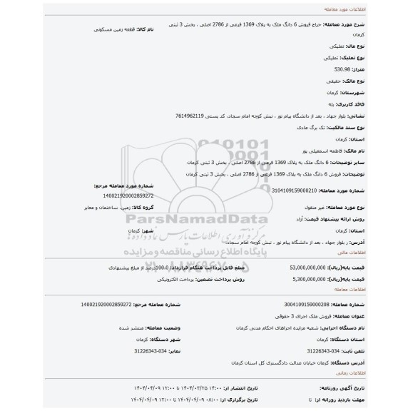 مزایده، فروش 6 دانگ ملک به  پلاک  1369 فرعی از 2786  اصلی ، بخش 3 ثبتی کرمان
