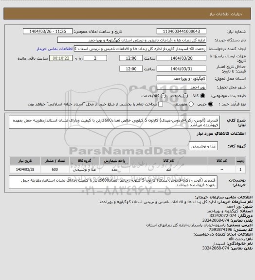 استعلام قندبرند (آلوس- زکریا-فردوس-عبدی) کارتون 5 کیلویی خالص تعداد600کارتن با کیفیت ودارای نشان استانداردهزینه حمل بعهده فروشنده میباشد