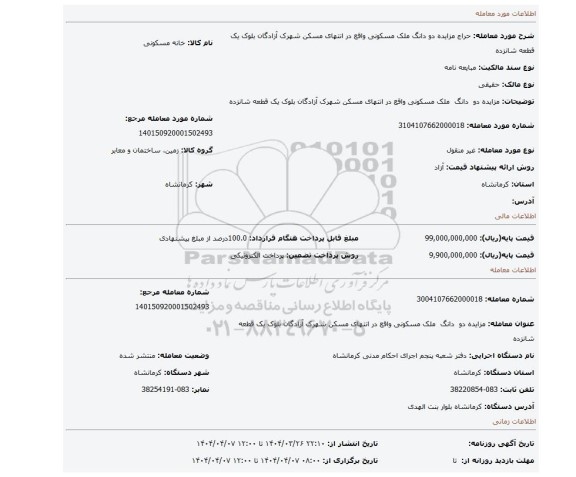 مزایده، مزایده دو دانگ ملک مسکونی واقع در انتهای مسکن شهرک آزادگان بلوک یک قطعه شانزده