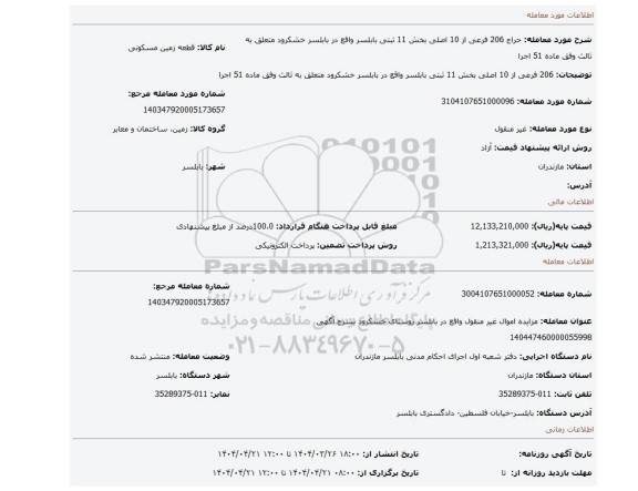 مزایده، 206 فرعی از 10 اصلی بخش 11 ثبتی بابلسر واقع در بابلسر خشکرود متعلق به ثالث وفق ماده 51 اجرا