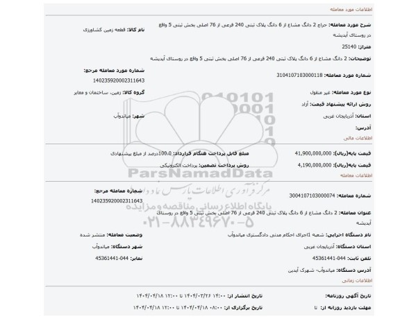 مزایده، 2 دانگ مشاع از 6 دانگ پلاک ثبتی 240 فرعی از 76 اصلی بخش ثبتی 5 واقع در روستای آیدیشه