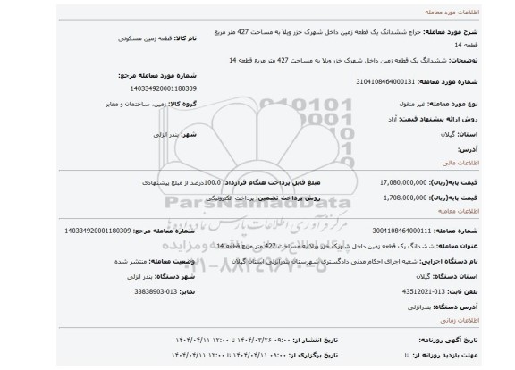 مزایده، ششدانگ یک قطعه زمین داخل شهرک خزر ویلا به مساحت 427 متر مربع قطعه 14