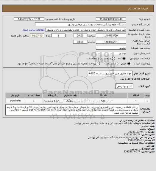 استعلام مواد غذایی طبق فایل پیوست شده 4067