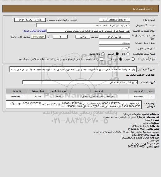 استعلام تولید جدول با مشخصات فنی مندرج در فهرست بها و آیین نامه مورد نظر می باشد تولید به صورت جدول پرسی می باشد