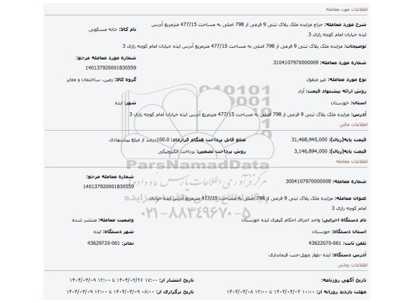 مزایده، مزایده ملک  پلاک ثبتی 9 فرعی از 798 اصلی به مساحت 477/15 مترمربع  آدرس ایذه خیابان امام کوچه رازی 3