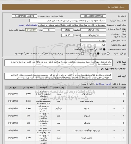 استعلام مواد شوینده و بهداشتی جهت بیمارستان سلامت . مدت باز پرداخت فاکتور خرید پنج ماهه می باشد . پرداخت به صورت اعتباری (نسیه)