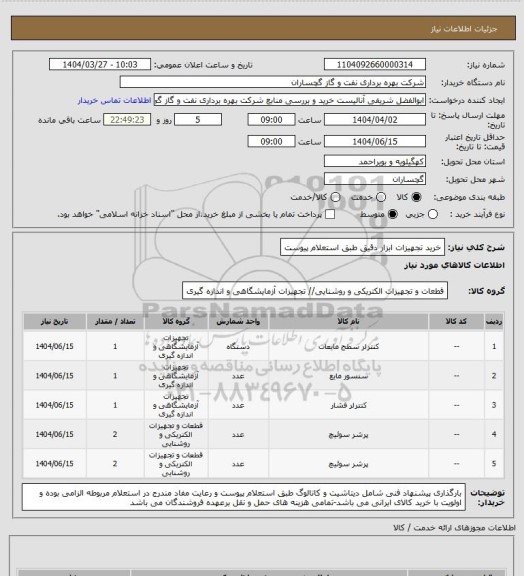 استعلام خرید تجهیزات ابزار دقیق طبق استعلام پیوست