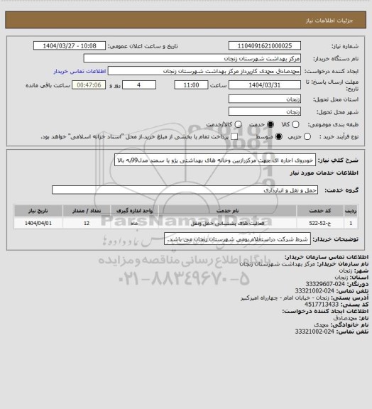 استعلام خودروی اجاره ای جهت مرکزرازبین وخانه های بهداشتی پژو یا سمند مدل99به بالا