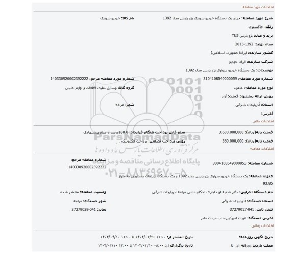 مزایده، یک دستگاه خودرو سواری پژو پارس مدل 1392