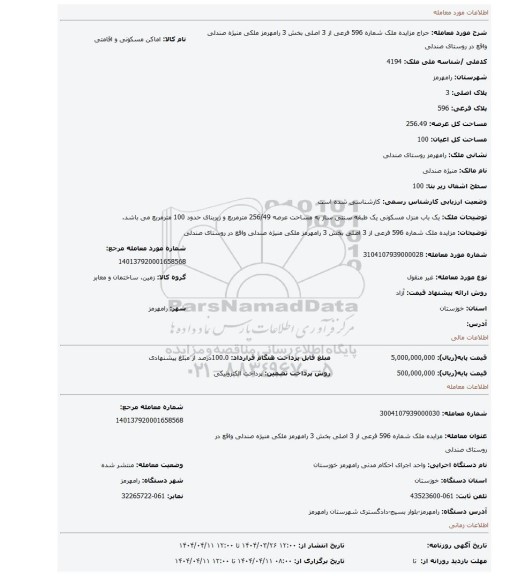 مزایده، مزایده ملک شماره 596 فرعی از 3 اصلی بخش 3 رامهرمز ملکی منیژه صندلی واقع در روستای صندلی
