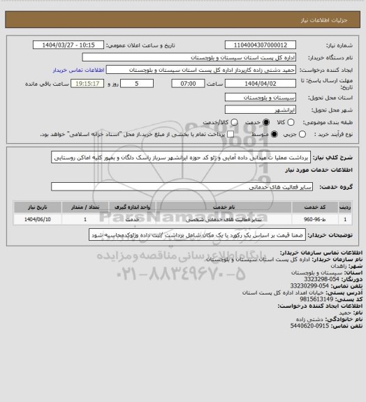 استعلام برداشت  عملیا ت میدانی داده آمایی و ژئو کد حوزه ایرانشهر سرباز راسک دلگان و بمپور  کلیه اماکن روستایی