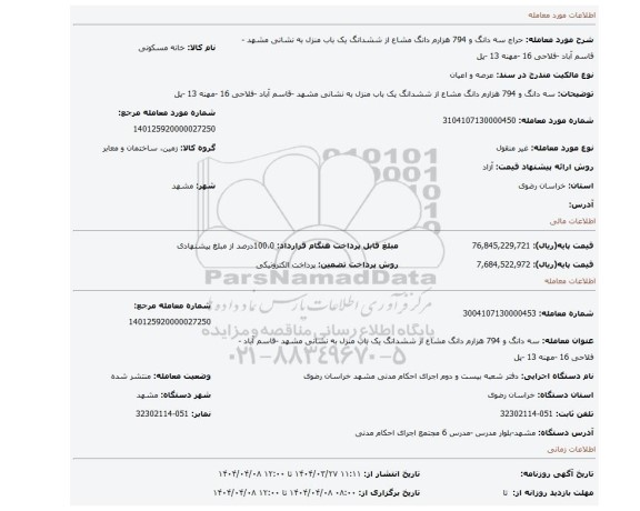مزایده، سه دانگ و 794 هزارم دانگ مشاع از ششدانگ یک باب منزل  به نشانی مشهد -قاسم آباد -فلاحی 16 -مهنه 13 -پل