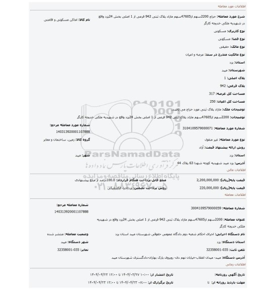 مزایده، 2200سهم از47605سهم مازاد پلاک ثبتی 942 فرعی از 1 اصلی بخش 24یزد واقع در شهیدیه ملکی خدیجه کارگر