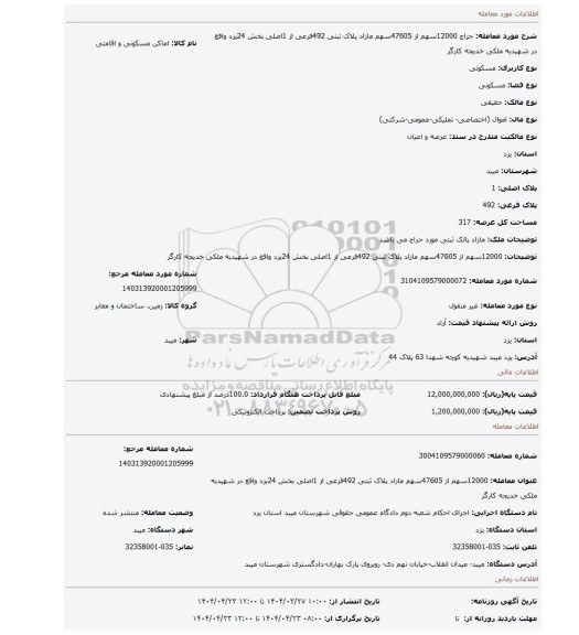 مزایده، 12000سهم از 47605سهم مازاد پلاک ثبتی 492فرعی از 1اصلی بخش 24یزد واقع در شهیدیه ملکی خدیجه کارگر