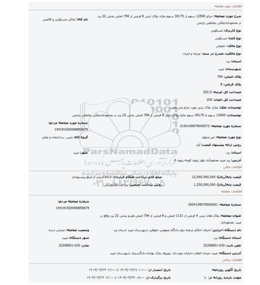 مزایده، 12500 سهم از 30175 سهم مازاد پلاک ثبتی 8 فرعی از 794 اصلی بخش 22 یزد در محمودابادملکی بمانعلی زارعی