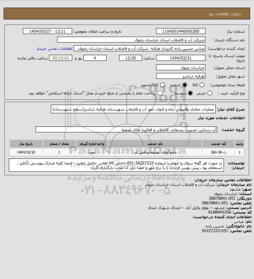 استعلام عملیات حفاری ولایروبی چاه و  قنوات امور آب و فاضلاب شهرستان طرقبه شاندیز(سطح شهرستان)