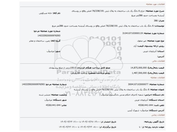 مزایده، 6 دانگ یک باب ساختمان به پلاک ثبتی 76/238/191 اصلی واقع در روستای آیدیشه بمساحت حدود 386متر مربع