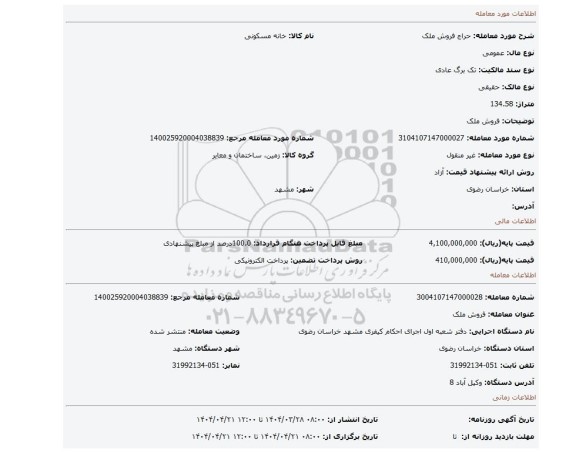 مزایده، فروش ملک