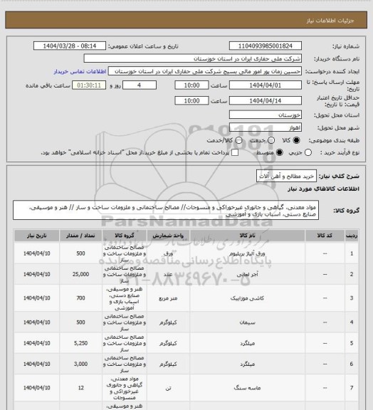 استعلام خرید مطالح و آهن آلات