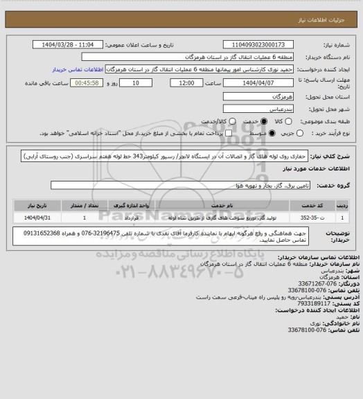 استعلام حفاری روی لوله های گاز و اتصالات آن در ایستگاه لانچر/ رسیور کیلومتر343 خط لوله هفتم سراسری (جنب روستای آرابی)