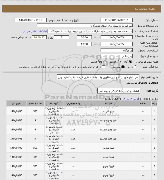 استعلام خریدانواع فیوز لینک و فیوز چاقویی واستوانه ای طبق الزامات واستاندارد توانیر