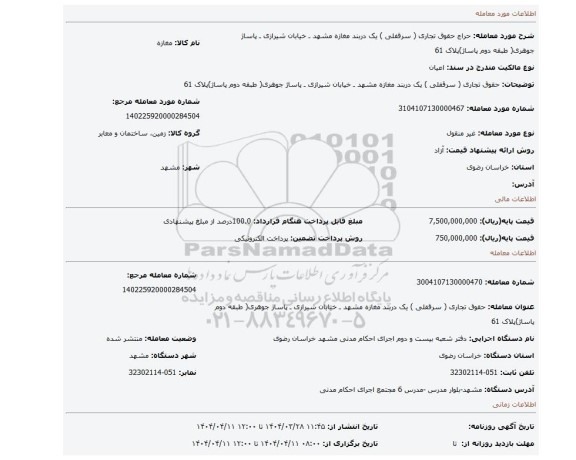 مزایده، حقوق تجاری ( سرقفلی ) یک دربند مغازه مشهد ـ خیابان شیرازی ـ پاساژ جوهری( طبقه دوم پاساژ)پلاک 61