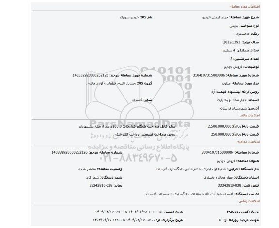 مزایده، فروش خودرو