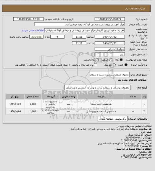 استعلام محلول ضدعفونی کننده دست و سطح