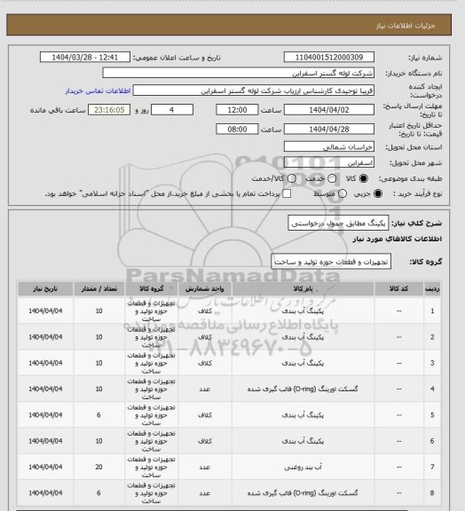 استعلام پکینگ مطابق جدول درخواستی