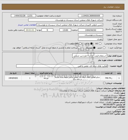 استعلام استعلام قیمت انجام 5 طرح تیپ صنعتی