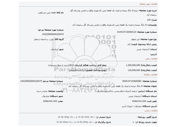 مزایده، 6 دانگ عرصه و اعیان یک قطعه زمین کشاورزی واقع در اراضی روستای گل سلیمان آباد