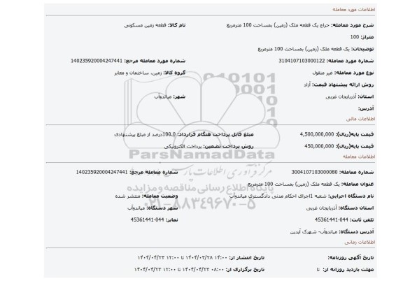 مزایده، یک قطعه ملک (زمین) بمساحت 100 مترمربع