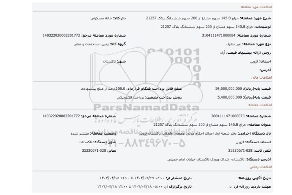 مزایده، حراج 145.8 سهم مشاع از 200 سهم ششدانگ پلاک 21257