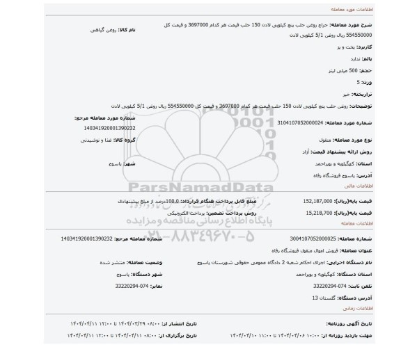 مزایده، روغن حلب پنچ کیلویی لادن 150 حلب قیمت هر کدام 3697000 و قیمت کل 554550000 ریال روغن 5/1 کیلویی لادن