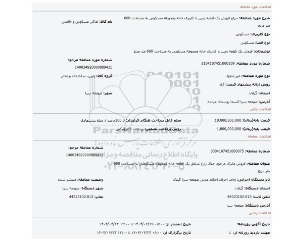 مزایده، فروش یک قطعه زمین با کاربری خانه ومحوطه مسکونی به مساحت 600 متر مربع