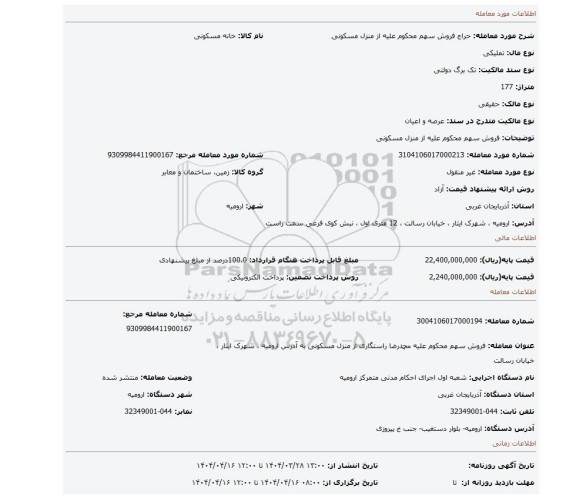 مزایده، فروش سهم محکوم علیه از منزل مسکونی