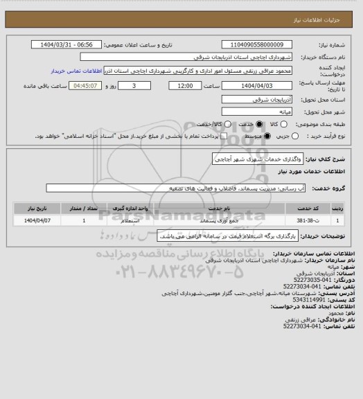 استعلام واگذاری خدمات شهری شهر آچاچی