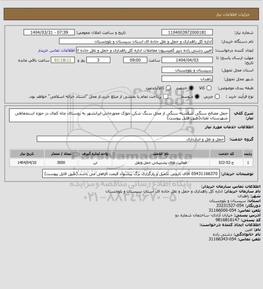 استعلام حمل مصالح سنگی شکسته سنگی از محل سنگ شکن جوژک محورخاش-ایرانشهر به روستای چاه کمال در حوزه استحفاظی شهرستان تفتان(طبق فایل پیوست)